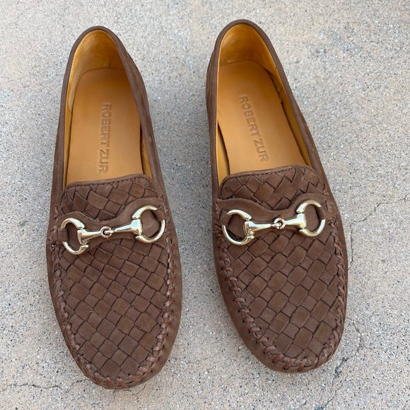 ROBERT ZUR PERLATA DRIVING MOCCASIN LOAFER Woven Leather Gold Buckle Size 8 - Picture 1 of 12